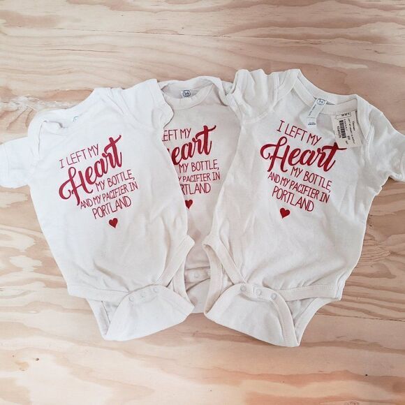 Rabbit Skins Lot Portland Onesies 6 months Left heart bottle pacifier triplets - Picture 1 of 6